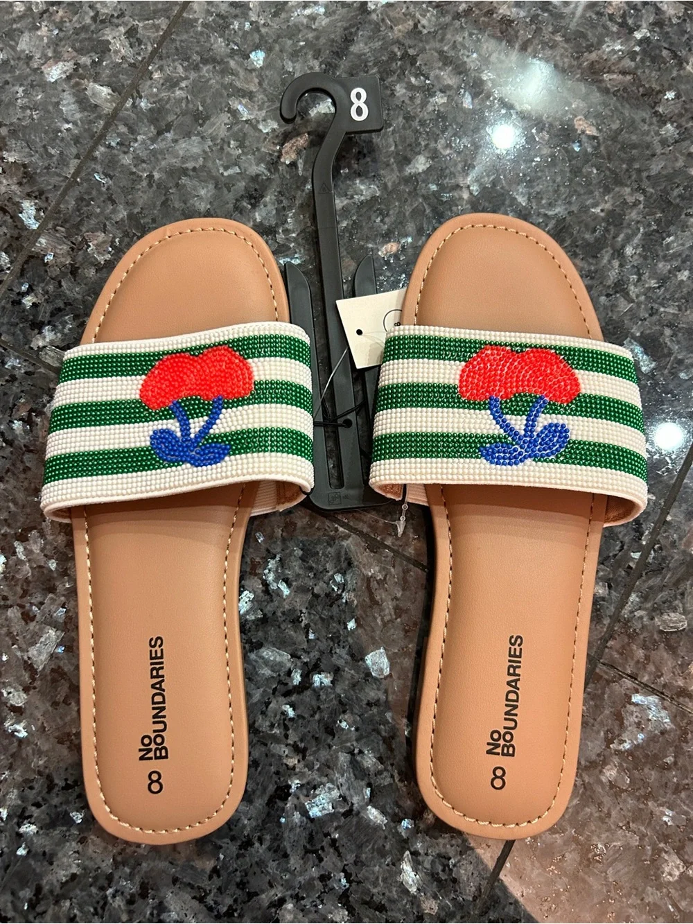 No Boundaries Tan Slide Sandals with Green-Striped Floral Strap